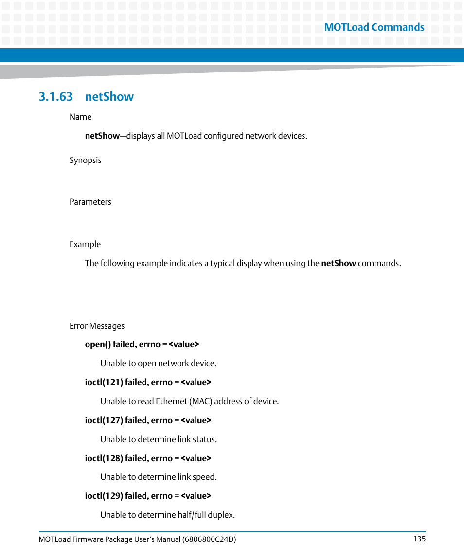 63 netshow, Netshow, Motload commands | Artesyn MOTLoad Firmware Package User's Manual (February 2015) User Manual | Page 135 / 282