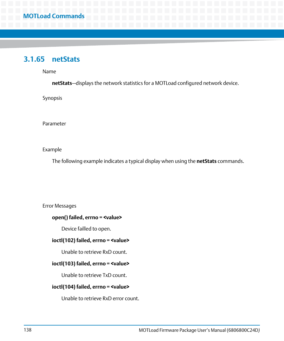 65 netstats, Netstats, Motload commands | Artesyn MOTLoad Firmware Package User's Manual (February 2015) User Manual | Page 138 / 282
