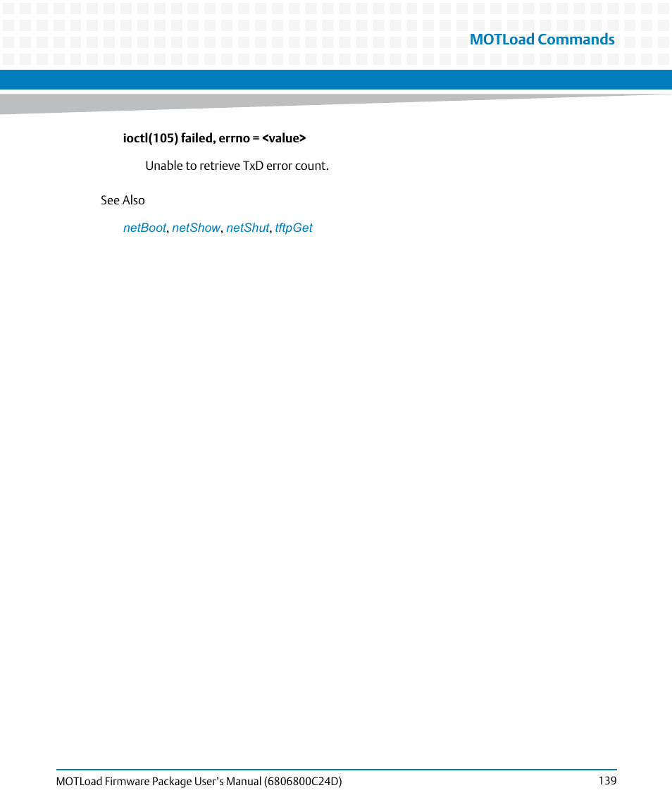 Motload commands | Artesyn MOTLoad Firmware Package User's Manual (February 2015) User Manual | Page 139 / 282