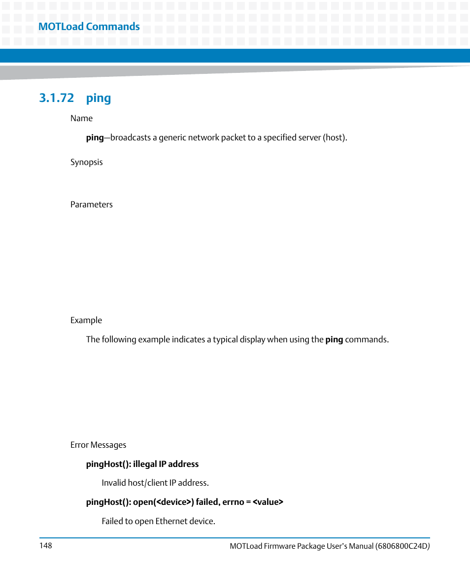 72 ping, Ping, Motload commands | Artesyn MOTLoad Firmware Package User's Manual (February 2015) User Manual | Page 148 / 282