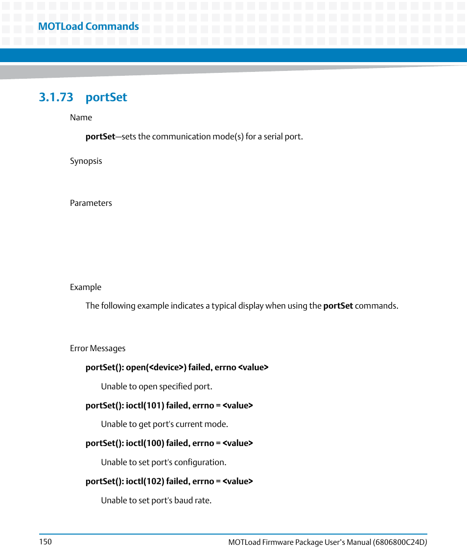 73 portset, Portset, Motload commands | Artesyn MOTLoad Firmware Package User's Manual (February 2015) User Manual | Page 150 / 282