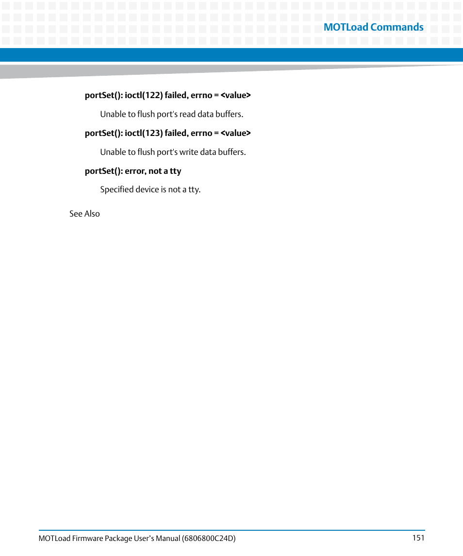 Motload commands | Artesyn MOTLoad Firmware Package User's Manual (February 2015) User Manual | Page 151 / 282
