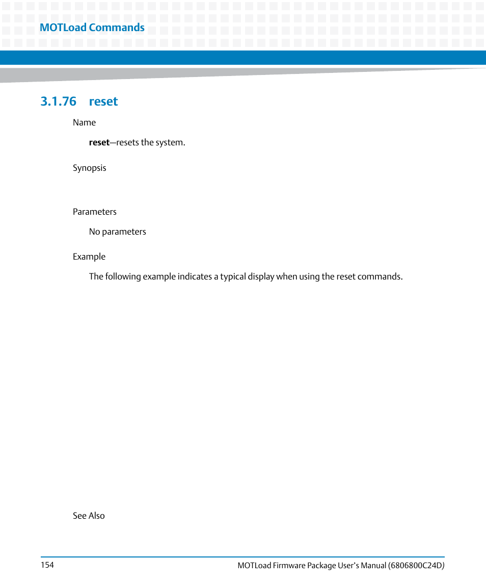 76 reset, Reset, Motload commands | Artesyn MOTLoad Firmware Package User's Manual (February 2015) User Manual | Page 154 / 282