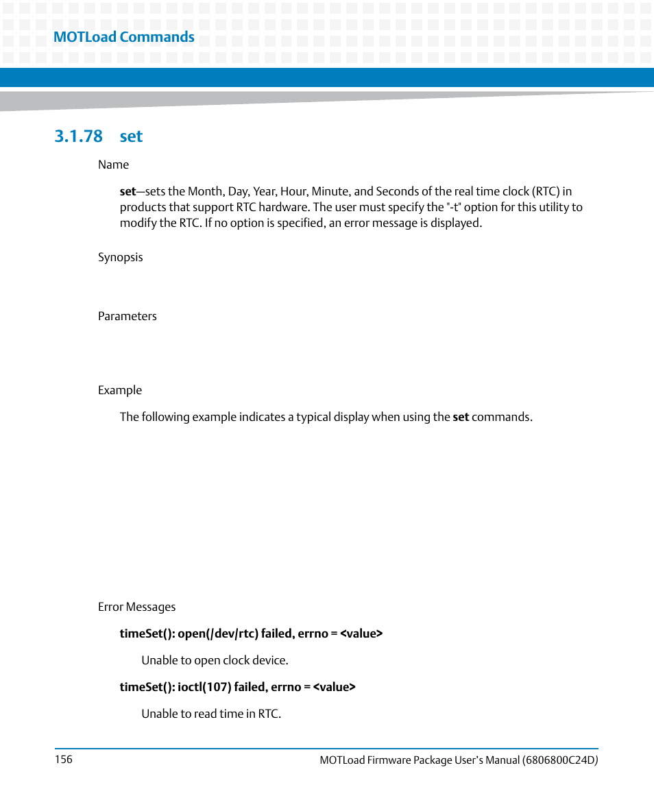 78 set, Motload commands | Artesyn MOTLoad Firmware Package User's Manual (February 2015) User Manual | Page 156 / 282