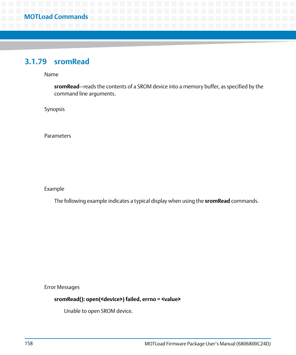 79 sromread, Sromread, Motload commands | Artesyn MOTLoad Firmware Package User's Manual (February 2015) User Manual | Page 158 / 282