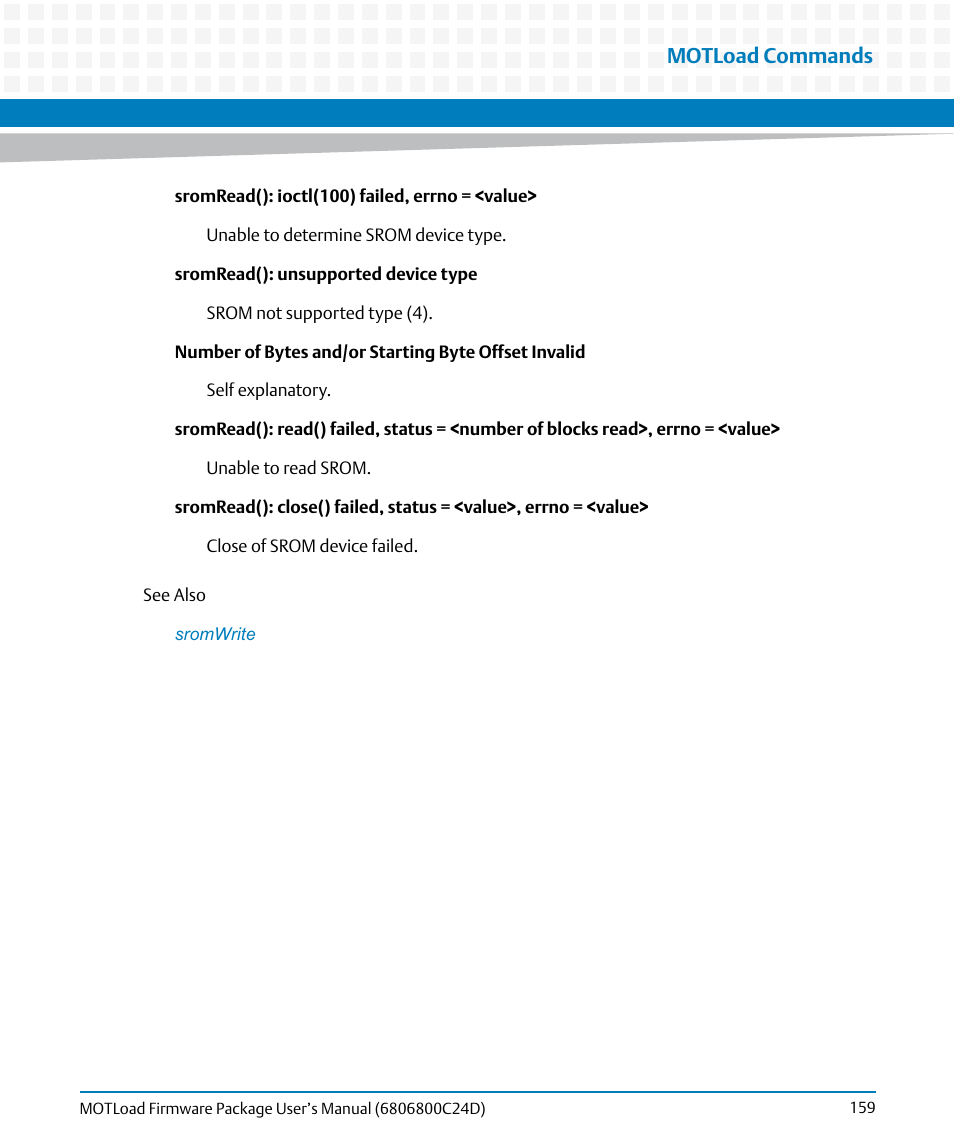 Motload commands | Artesyn MOTLoad Firmware Package User's Manual (February 2015) User Manual | Page 159 / 282