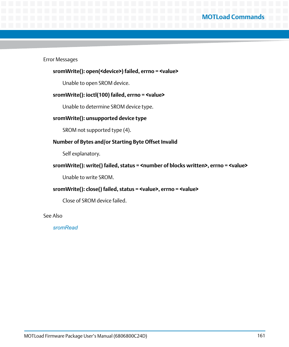 Motload commands | Artesyn MOTLoad Firmware Package User's Manual (February 2015) User Manual | Page 161 / 282