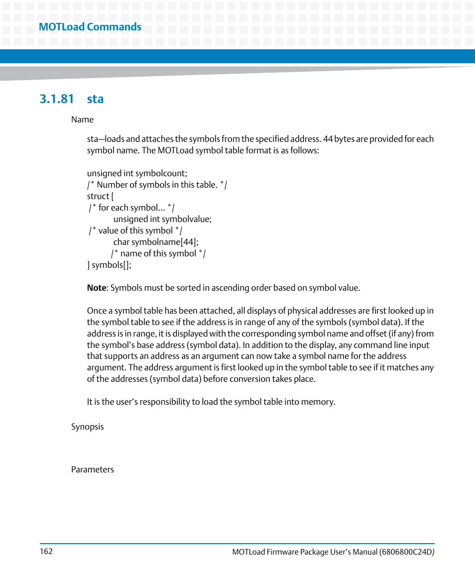 81 sta, Motload commands | Artesyn MOTLoad Firmware Package User's Manual (February 2015) User Manual | Page 162 / 282