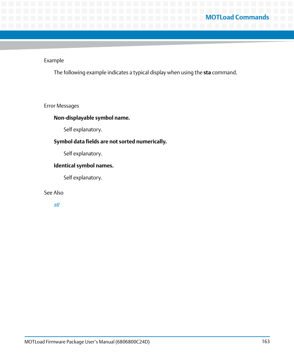 Motload commands | Artesyn MOTLoad Firmware Package User's Manual (February 2015) User Manual | Page 163 / 282