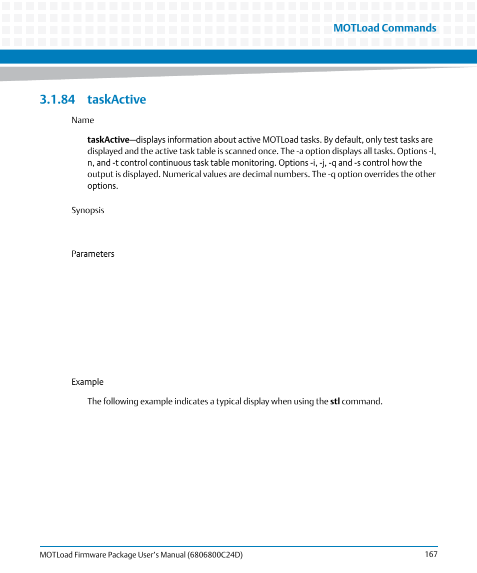 84 taskactive, Taskactive, Motload commands | Artesyn MOTLoad Firmware Package User's Manual (February 2015) User Manual | Page 167 / 282