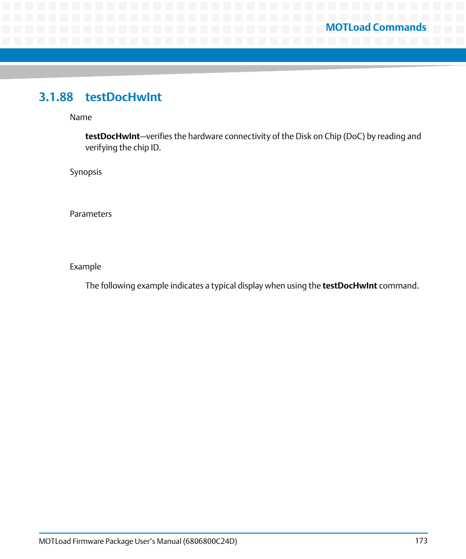 88 testdochwint, Testdochwint, Motload commands | Artesyn MOTLoad Firmware Package User's Manual (February 2015) User Manual | Page 173 / 282