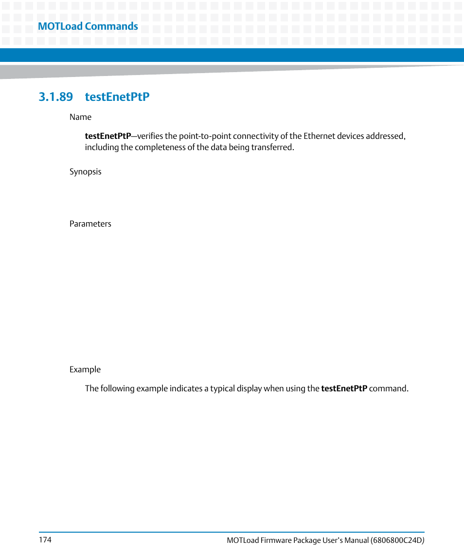 89 testenetptp, Testenetptp, Motload commands | Artesyn MOTLoad Firmware Package User's Manual (February 2015) User Manual | Page 174 / 282