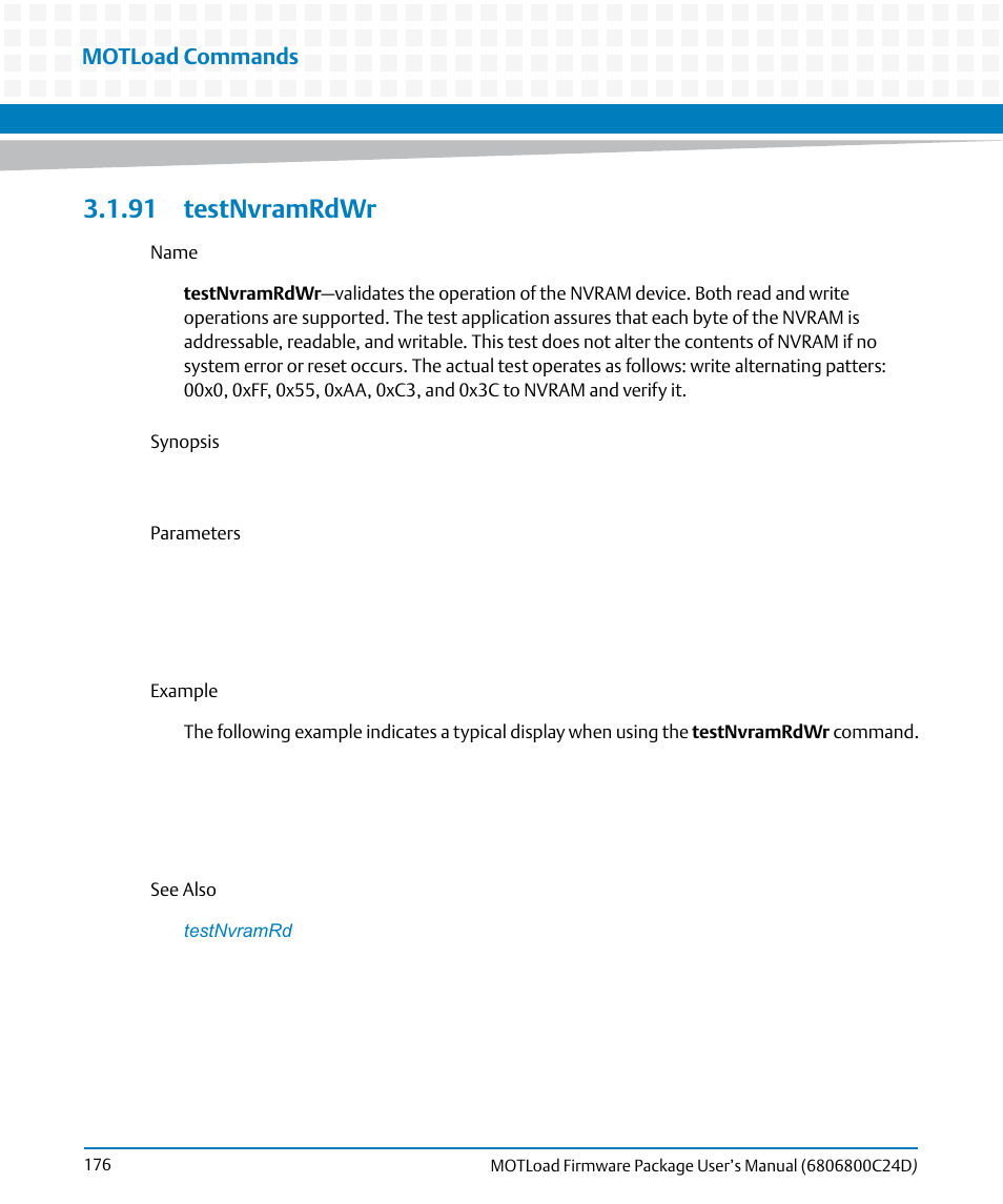 91 testnvramrdwr, Testnvramrdwr, Motload commands | Artesyn MOTLoad Firmware Package User's Manual (February 2015) User Manual | Page 176 / 282