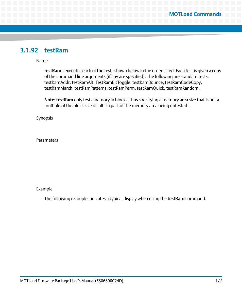 92 testram, Testram, Motload commands | Artesyn MOTLoad Firmware Package User's Manual (February 2015) User Manual | Page 177 / 282