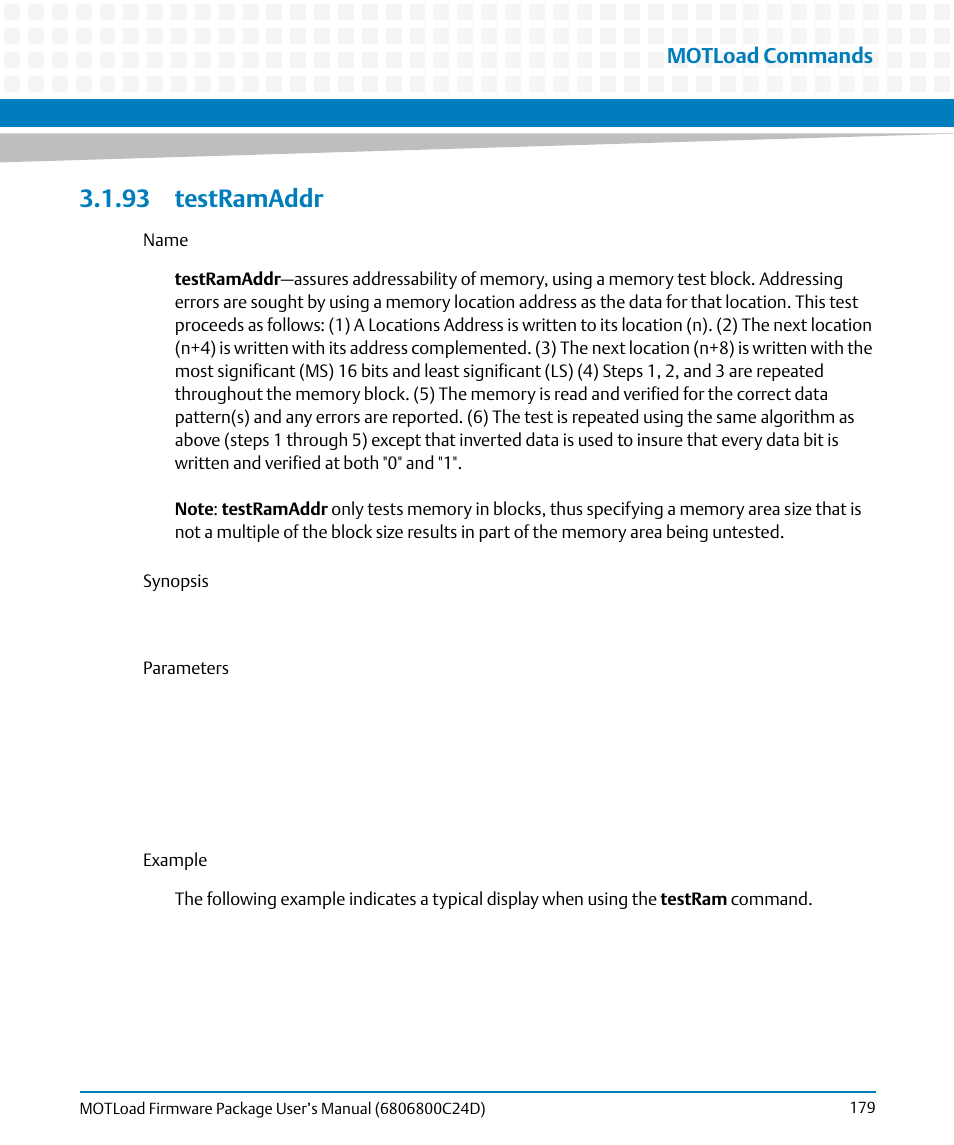 93 testramaddr, Testramaddr, Motload commands | Artesyn MOTLoad Firmware Package User's Manual (February 2015) User Manual | Page 179 / 282