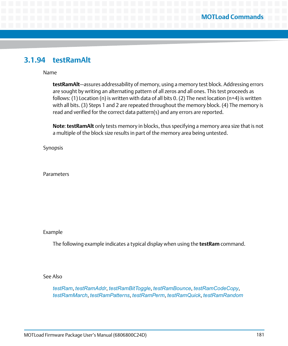 94 testramalt, Testramalt, Motload commands | Artesyn MOTLoad Firmware Package User's Manual (February 2015) User Manual | Page 181 / 282