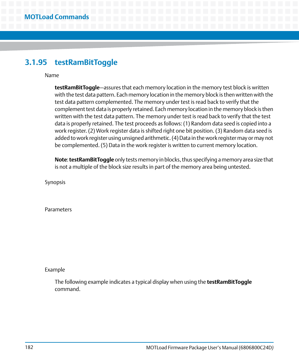 95 testrambittoggle, Testrambittoggle, Motload commands | Artesyn MOTLoad Firmware Package User's Manual (February 2015) User Manual | Page 182 / 282