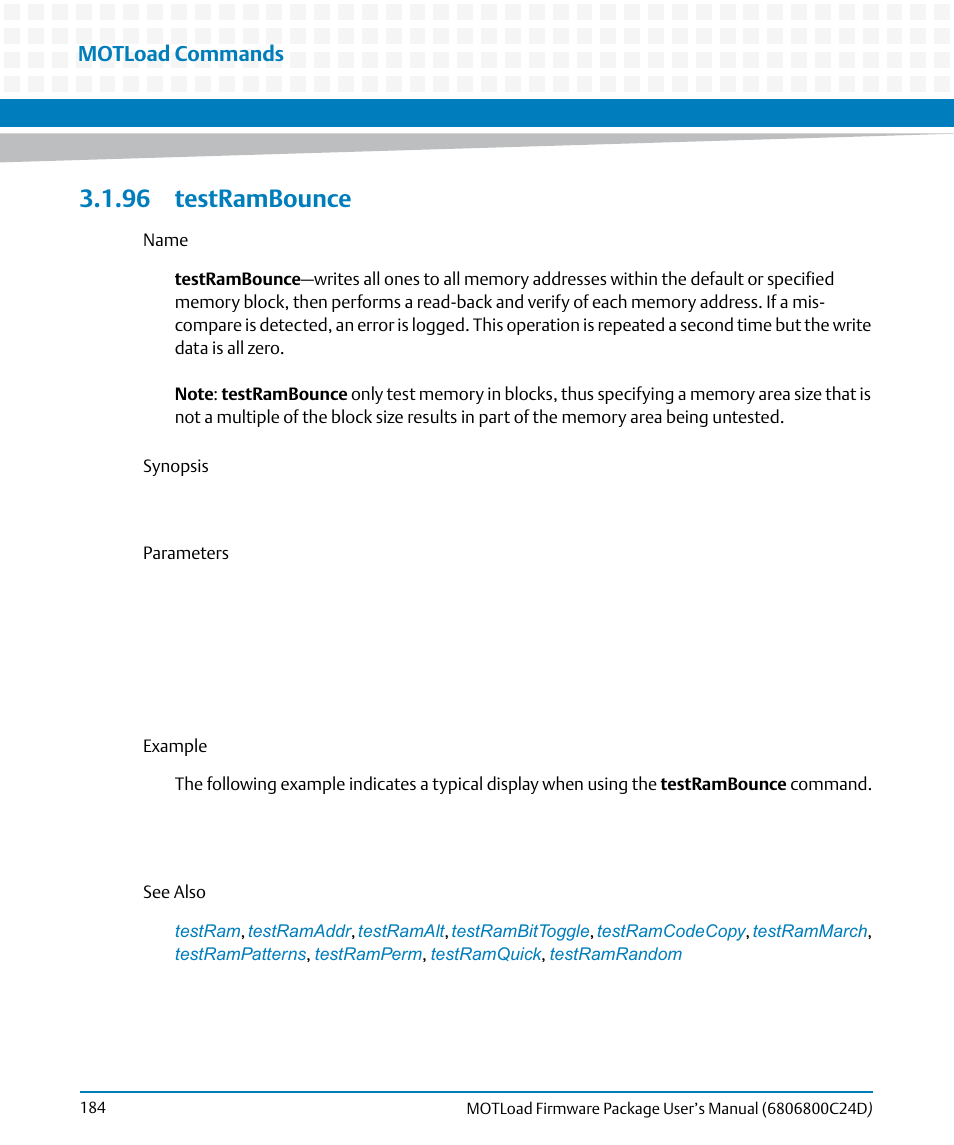 96 testrambounce, Testrambounce, Motload commands | Artesyn MOTLoad Firmware Package User's Manual (February 2015) User Manual | Page 184 / 282