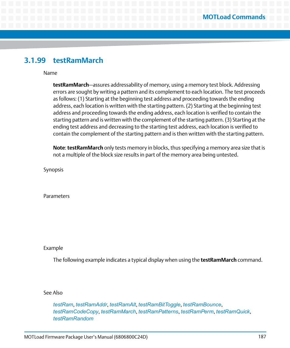 99 testrammarch, Testrammarch, Motload commands | Artesyn MOTLoad Firmware Package User's Manual (February 2015) User Manual | Page 187 / 282