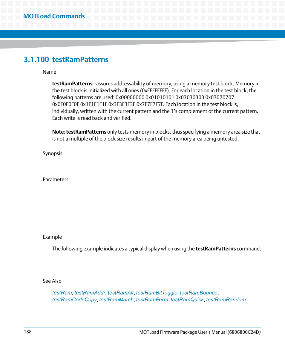 100 testrampatterns, 100testrampatterns, Testrampatterns | Motload commands | Artesyn MOTLoad Firmware Package User's Manual (February 2015) User Manual | Page 188 / 282