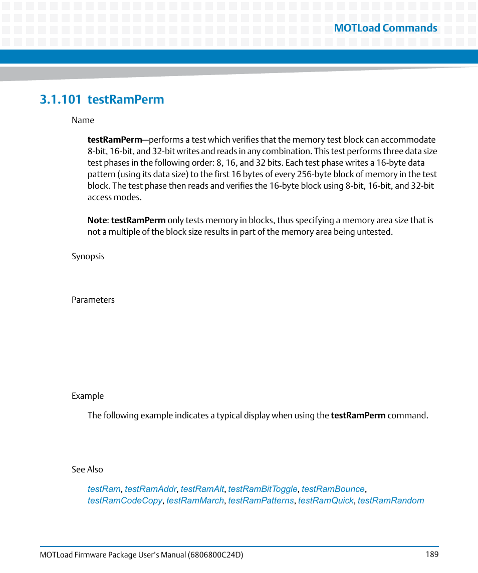 101 testramperm, 101testramperm, Testramperm | Motload commands | Artesyn MOTLoad Firmware Package User's Manual (February 2015) User Manual | Page 189 / 282