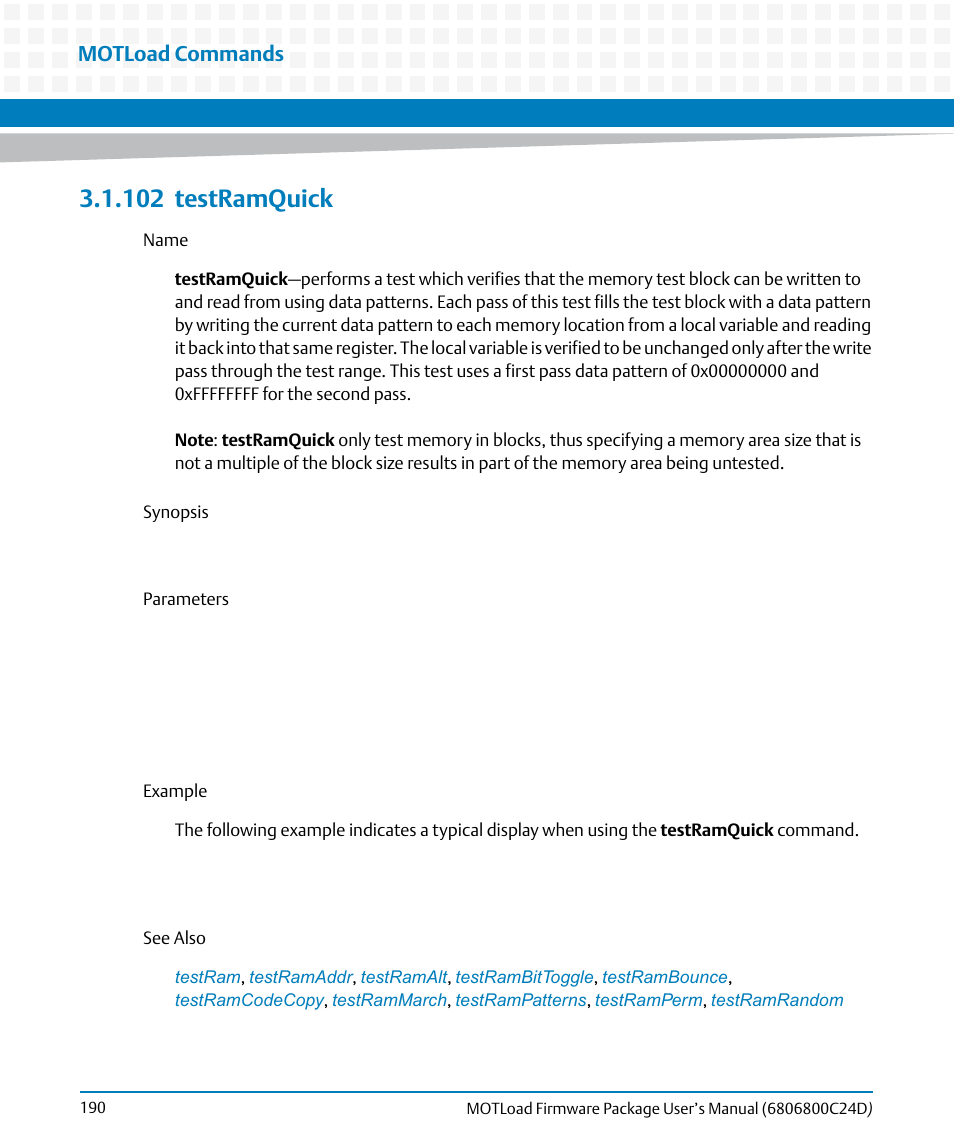 102 testramquick, 102testramquick, Testramquick | Motload commands | Artesyn MOTLoad Firmware Package User's Manual (February 2015) User Manual | Page 190 / 282