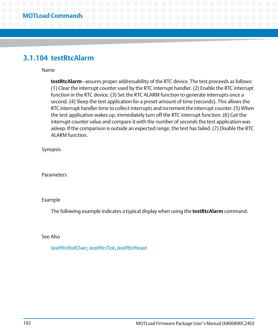 104 testrtcalarm, 104testrtcalarm, Testrtcalarm | Motload commands | Artesyn MOTLoad Firmware Package User's Manual (February 2015) User Manual | Page 192 / 282