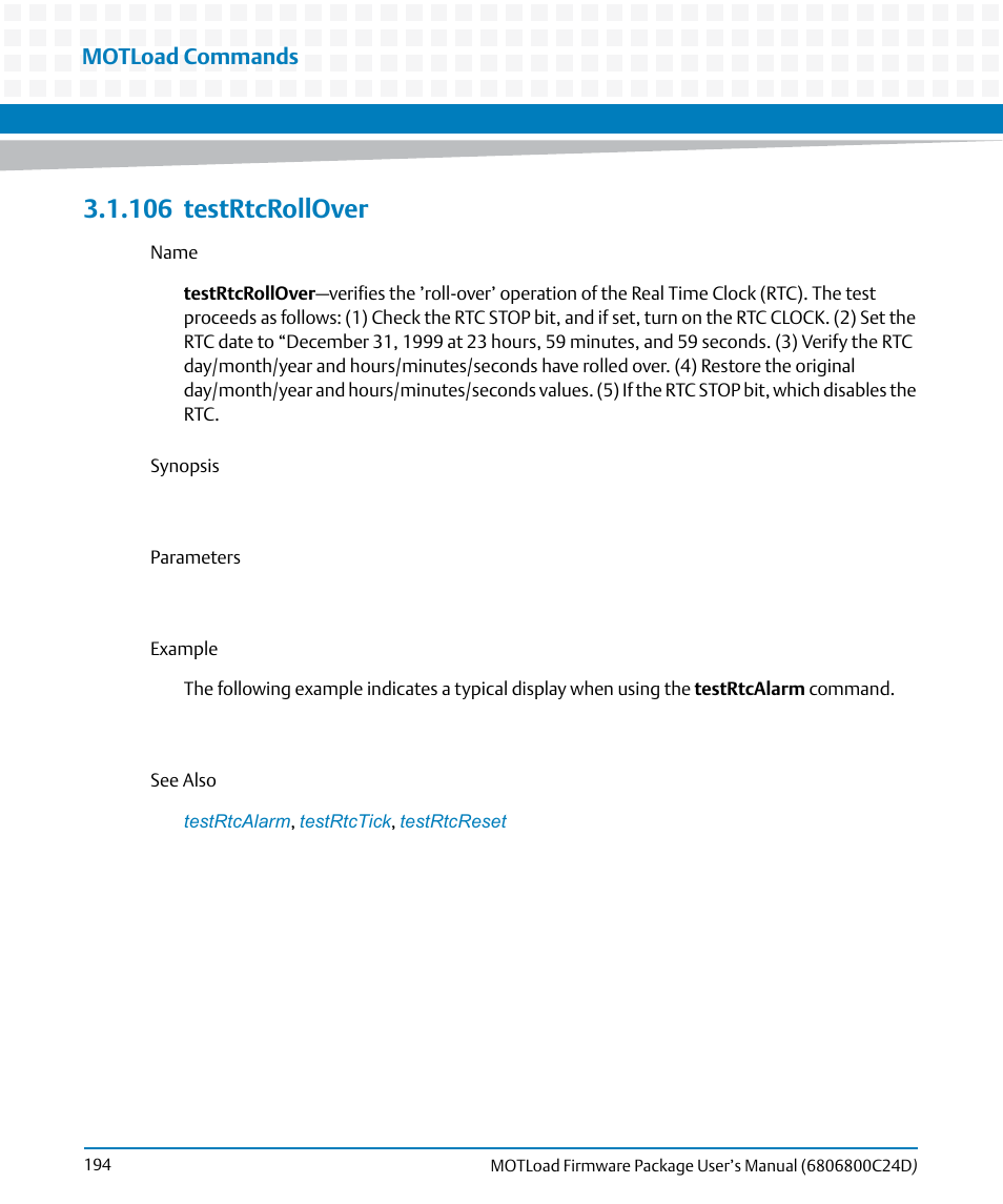 106 testrtcrollover, 106testrtcrollover, Testrtcrollover | Motload commands | Artesyn MOTLoad Firmware Package User's Manual (February 2015) User Manual | Page 194 / 282