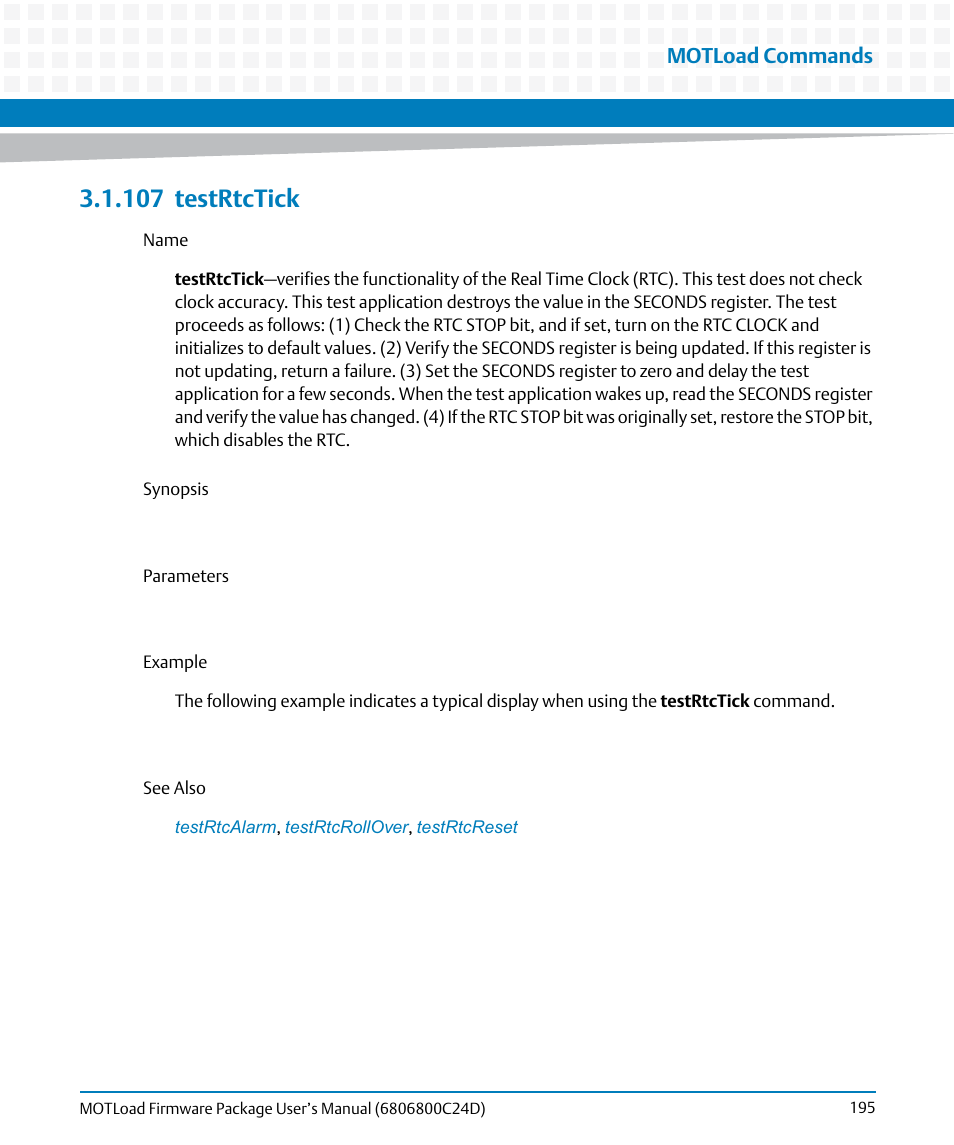 107 testrtctick, 107testrtctick, Testrtctick | Motload commands | Artesyn MOTLoad Firmware Package User's Manual (February 2015) User Manual | Page 195 / 282