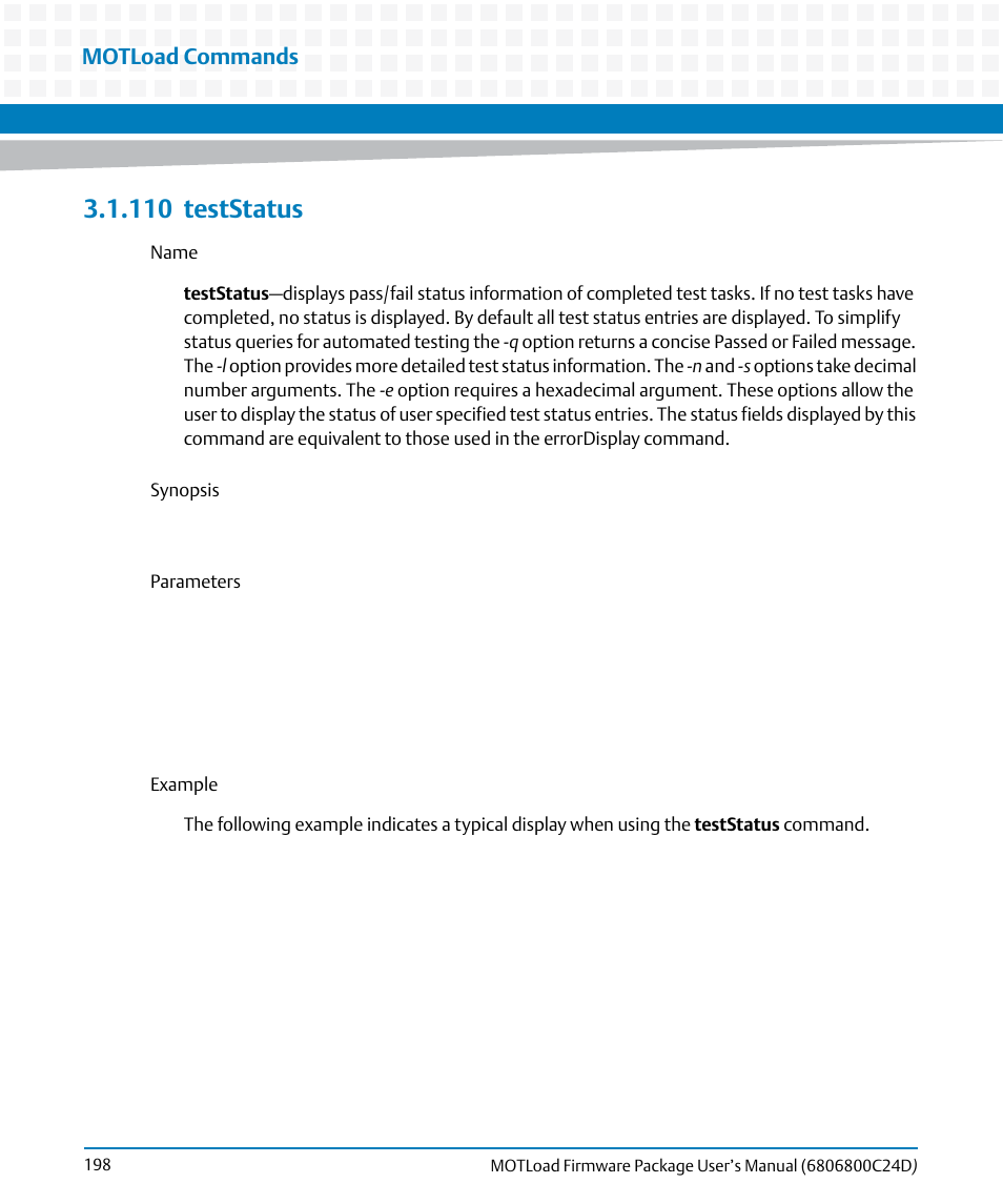 110 teststatus, 110teststatus, Teststatus | Motload commands | Artesyn MOTLoad Firmware Package User's Manual (February 2015) User Manual | Page 198 / 282