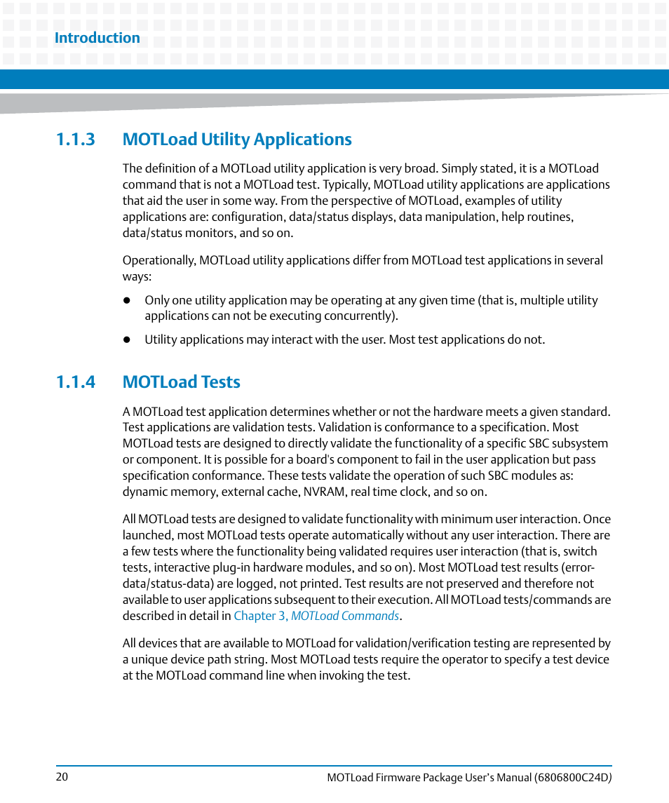 3 motload utility applications, 4 motload tests, 3 motload utility applications 1.1.4 motload tests | Artesyn MOTLoad Firmware Package User's Manual (February 2015) User Manual | Page 20 / 282