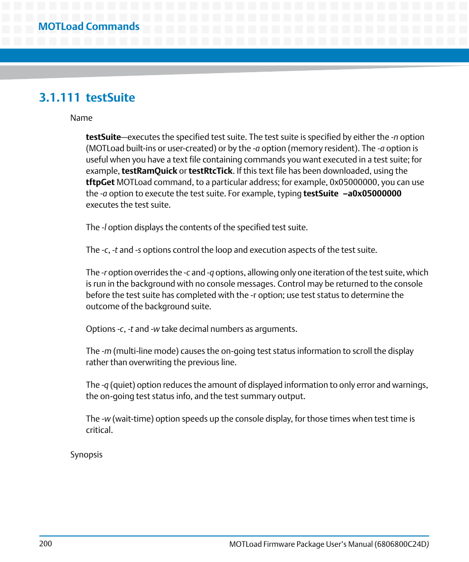 111 testsuite, 111testsuite, Testsuite | Motload commands | Artesyn MOTLoad Firmware Package User's Manual (February 2015) User Manual | Page 200 / 282