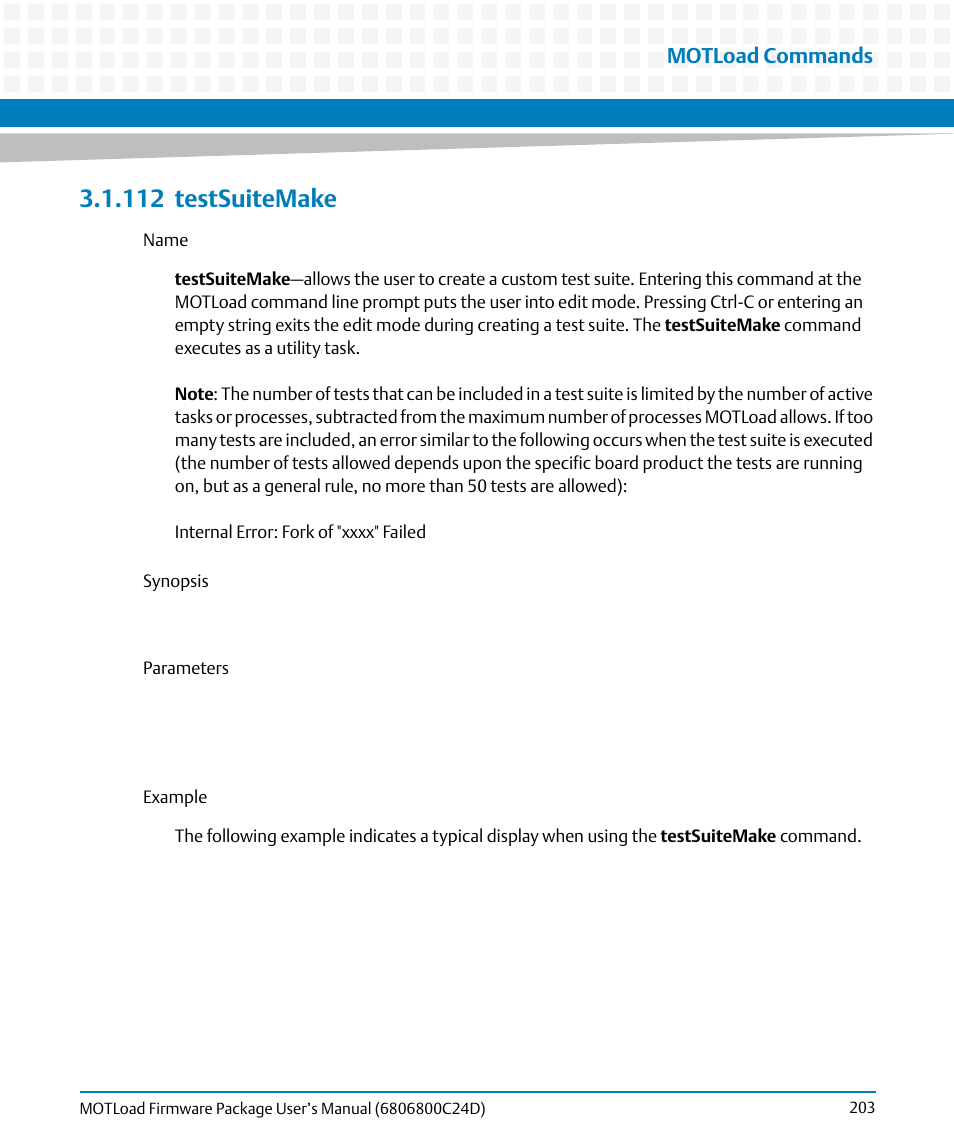 112 testsuitemake, 112testsuitemake, Testsuitemake | Motload commands | Artesyn MOTLoad Firmware Package User's Manual (February 2015) User Manual | Page 203 / 282