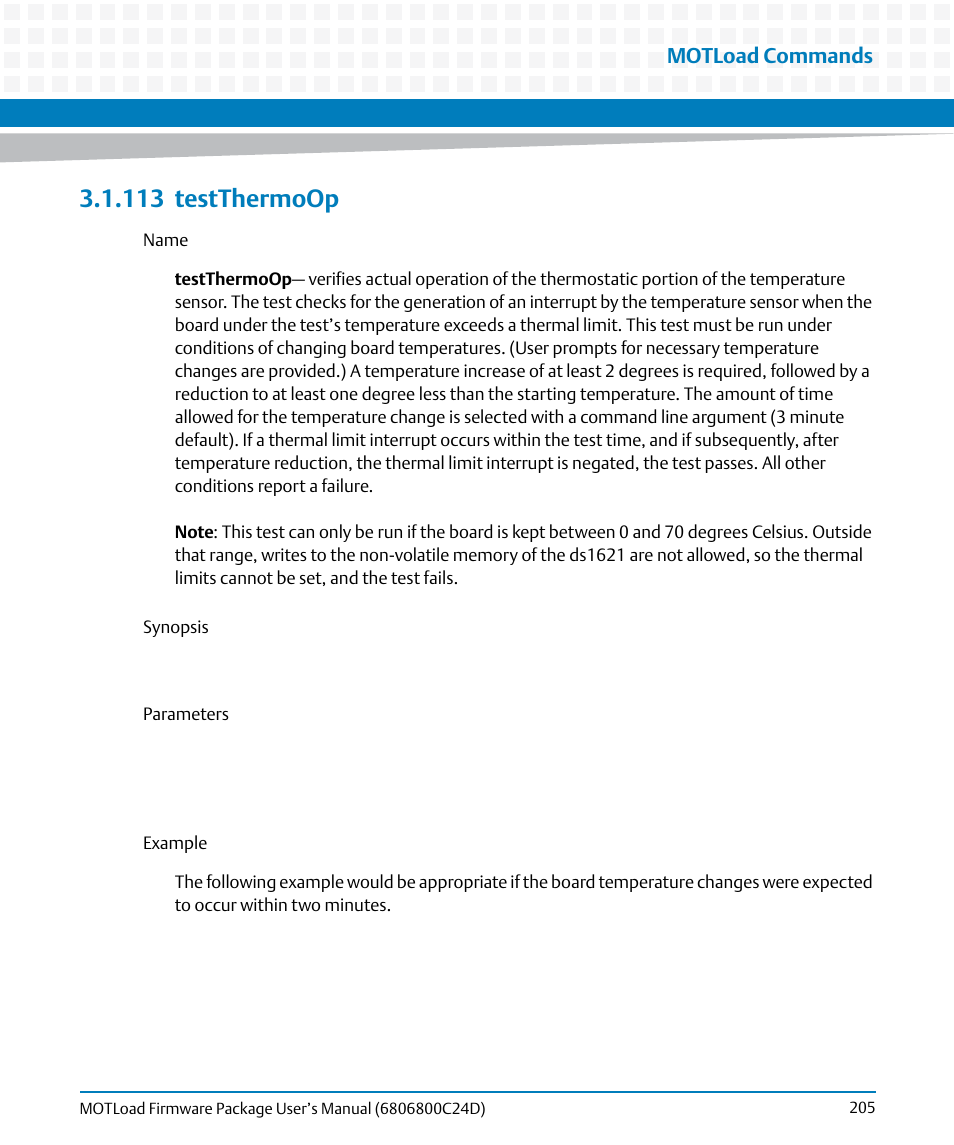 113 testthermoop, 113testthermoop, Testthermoop | Motload commands | Artesyn MOTLoad Firmware Package User's Manual (February 2015) User Manual | Page 205 / 282