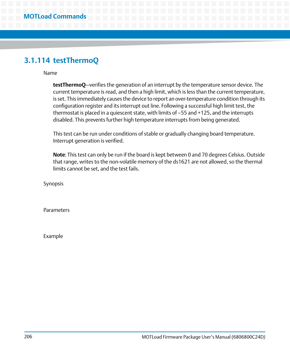114 testthermoq, 114testthermoq, Testthermoq | Motload commands | Artesyn MOTLoad Firmware Package User's Manual (February 2015) User Manual | Page 206 / 282