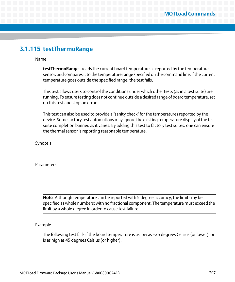115 testthermorange, 115testthermorange, Testthermorange | Motload commands | Artesyn MOTLoad Firmware Package User's Manual (February 2015) User Manual | Page 207 / 282