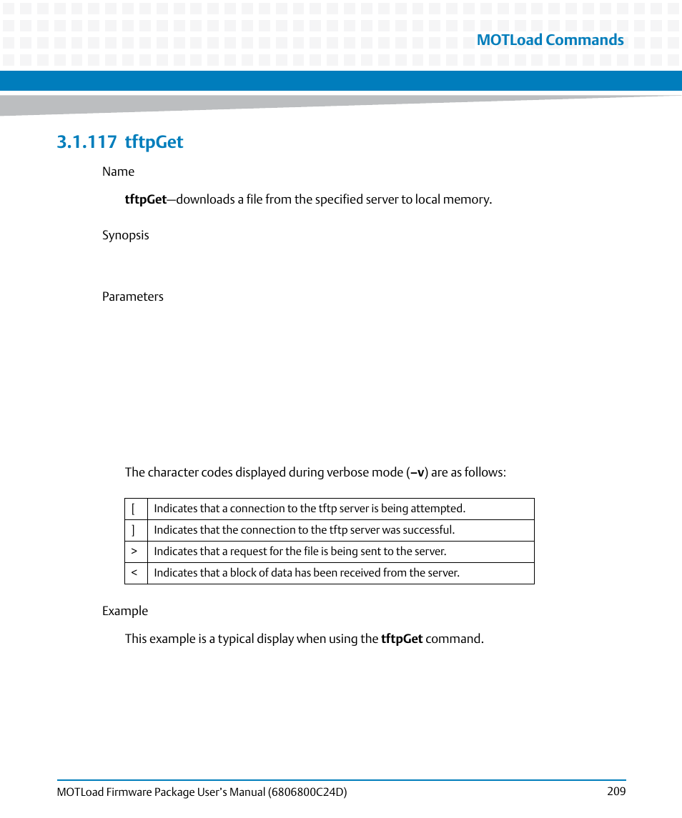 117 tftpget, 117tftpget, Tftpget | Motload commands | Artesyn MOTLoad Firmware Package User's Manual (February 2015) User Manual | Page 209 / 282