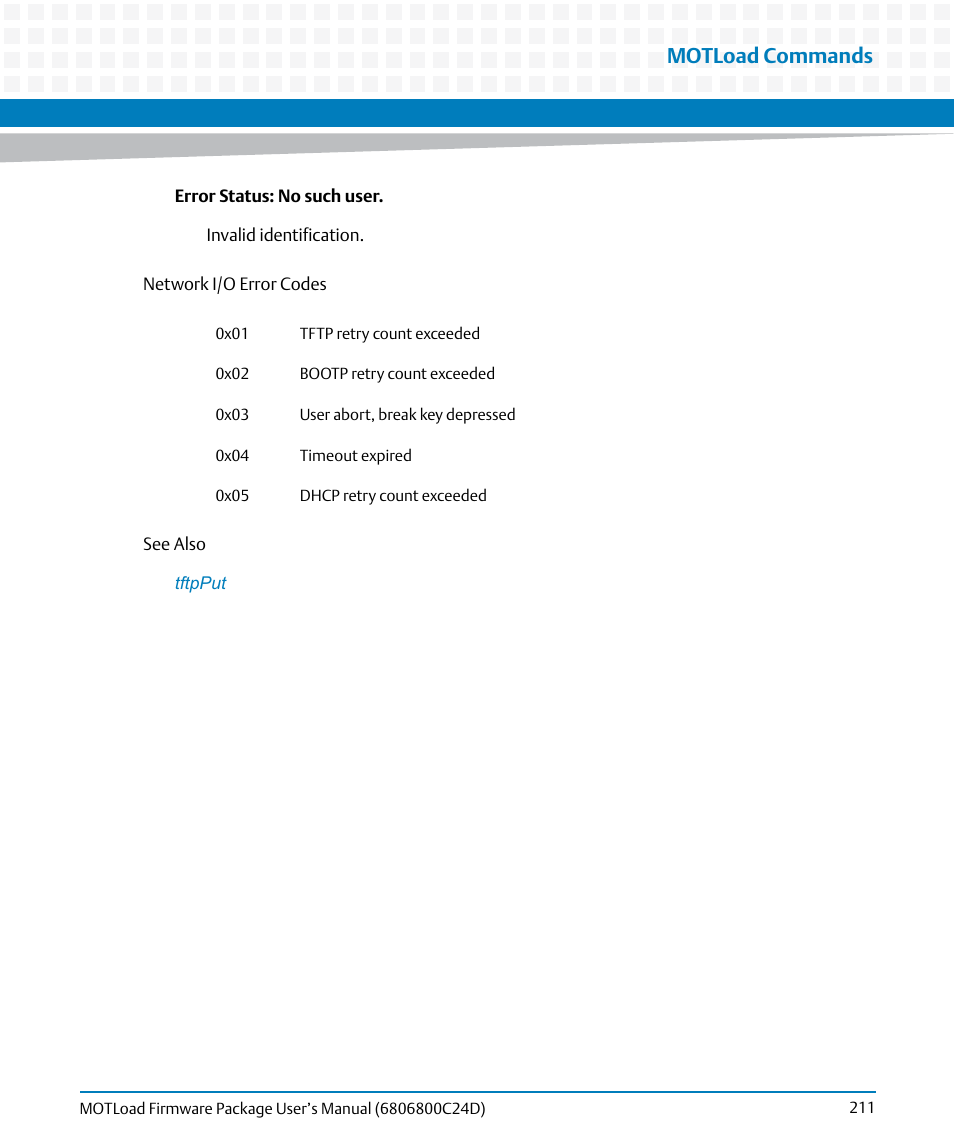 Motload commands | Artesyn MOTLoad Firmware Package User's Manual (February 2015) User Manual | Page 211 / 282