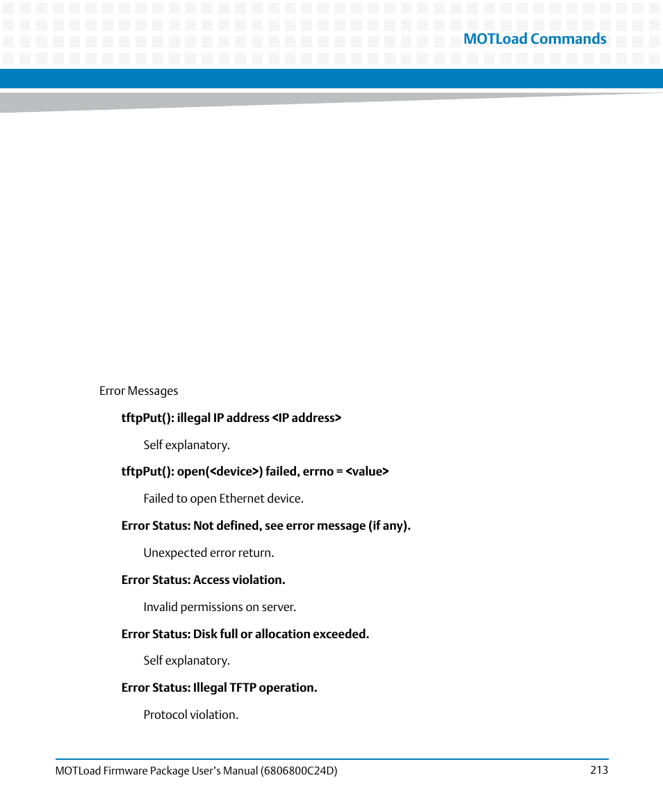 Motload commands | Artesyn MOTLoad Firmware Package User's Manual (February 2015) User Manual | Page 213 / 282