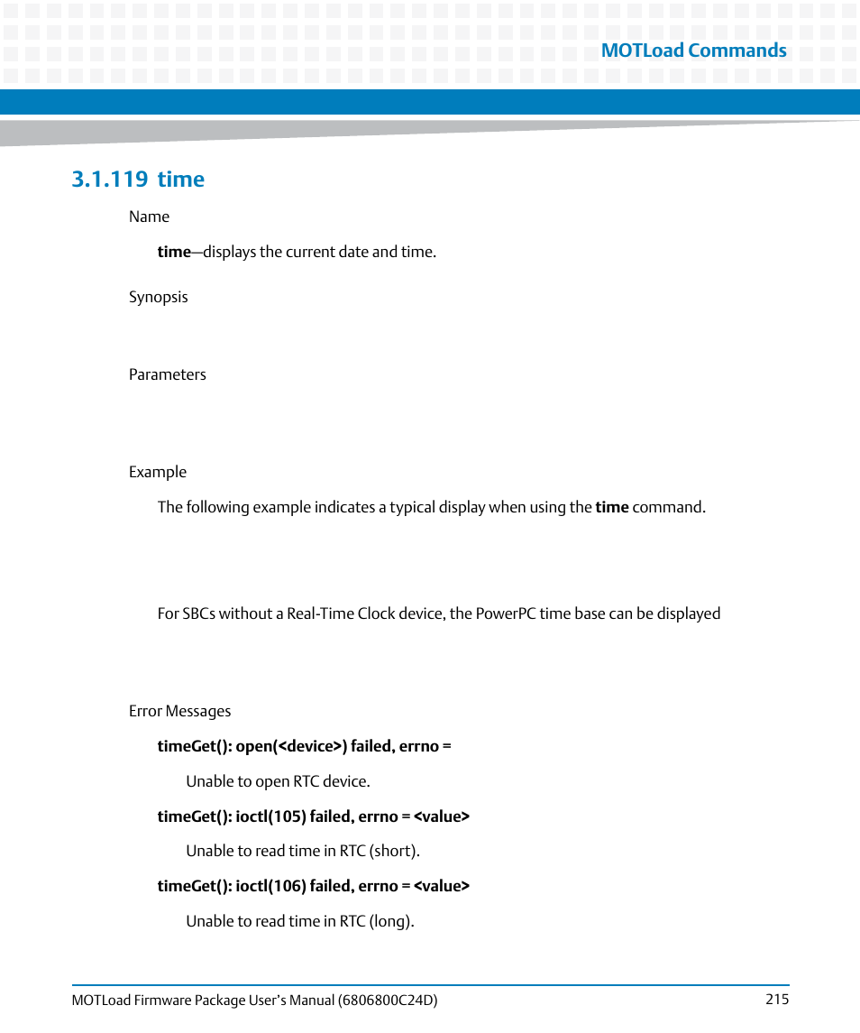 119 time, 119time, Time | Motload commands | Artesyn MOTLoad Firmware Package User's Manual (February 2015) User Manual | Page 215 / 282