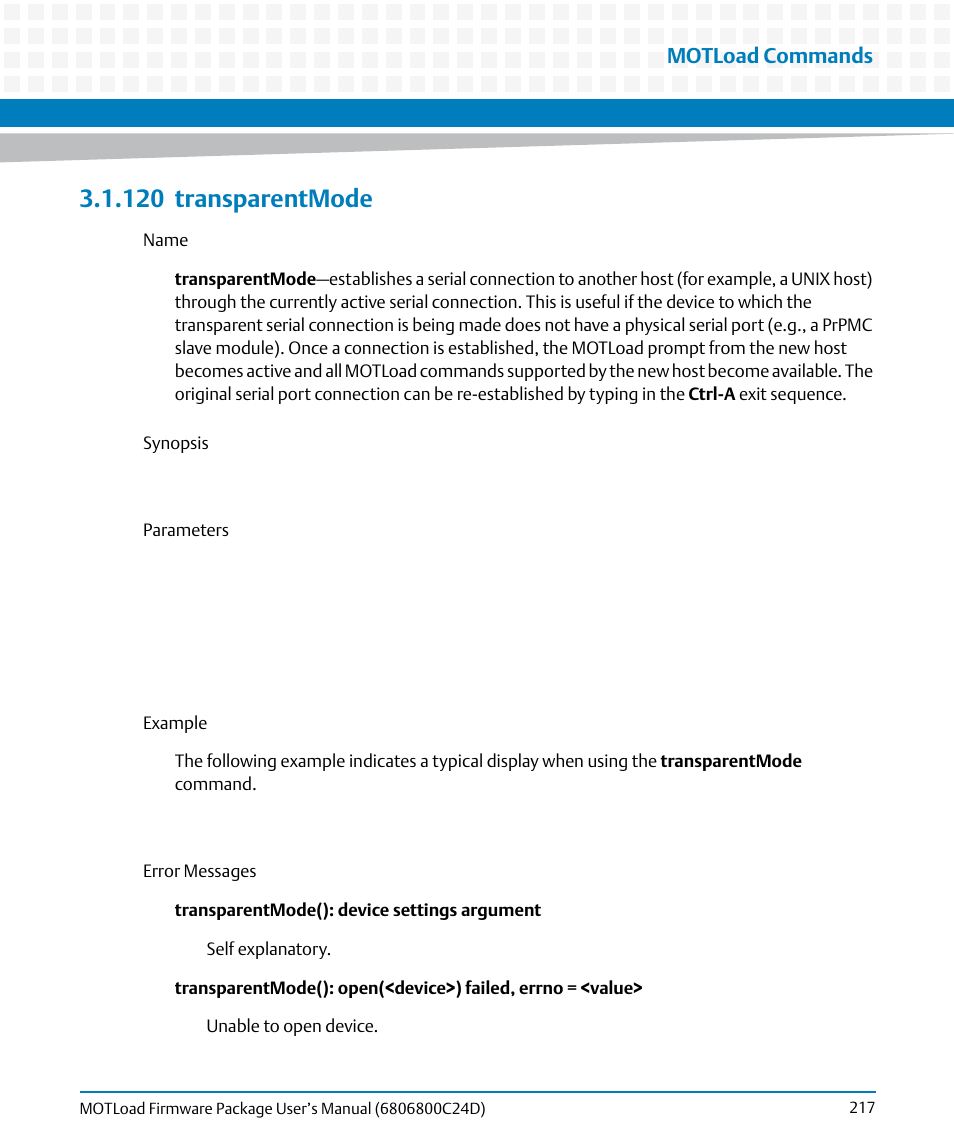 120 transparentmode, 120transparentmode, Transparentmode | Motload commands | Artesyn MOTLoad Firmware Package User's Manual (February 2015) User Manual | Page 217 / 282