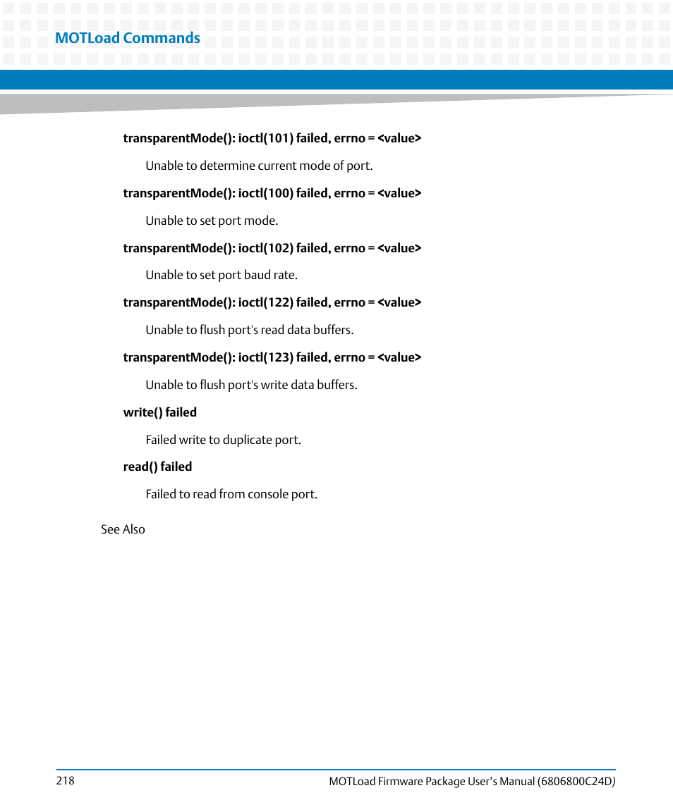 Motload commands | Artesyn MOTLoad Firmware Package User's Manual (February 2015) User Manual | Page 218 / 282