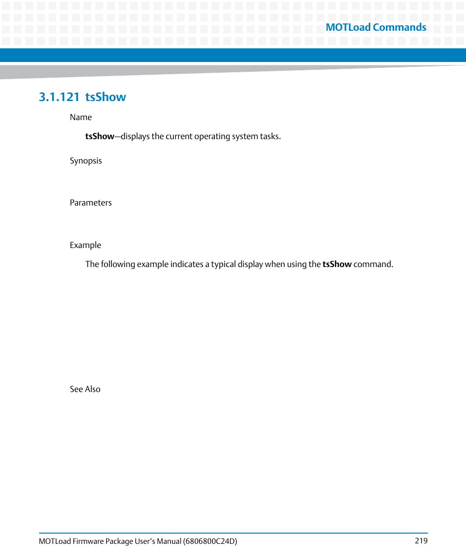 121 tsshow, 121tsshow, Tsshow | Motload commands | Artesyn MOTLoad Firmware Package User's Manual (February 2015) User Manual | Page 219 / 282