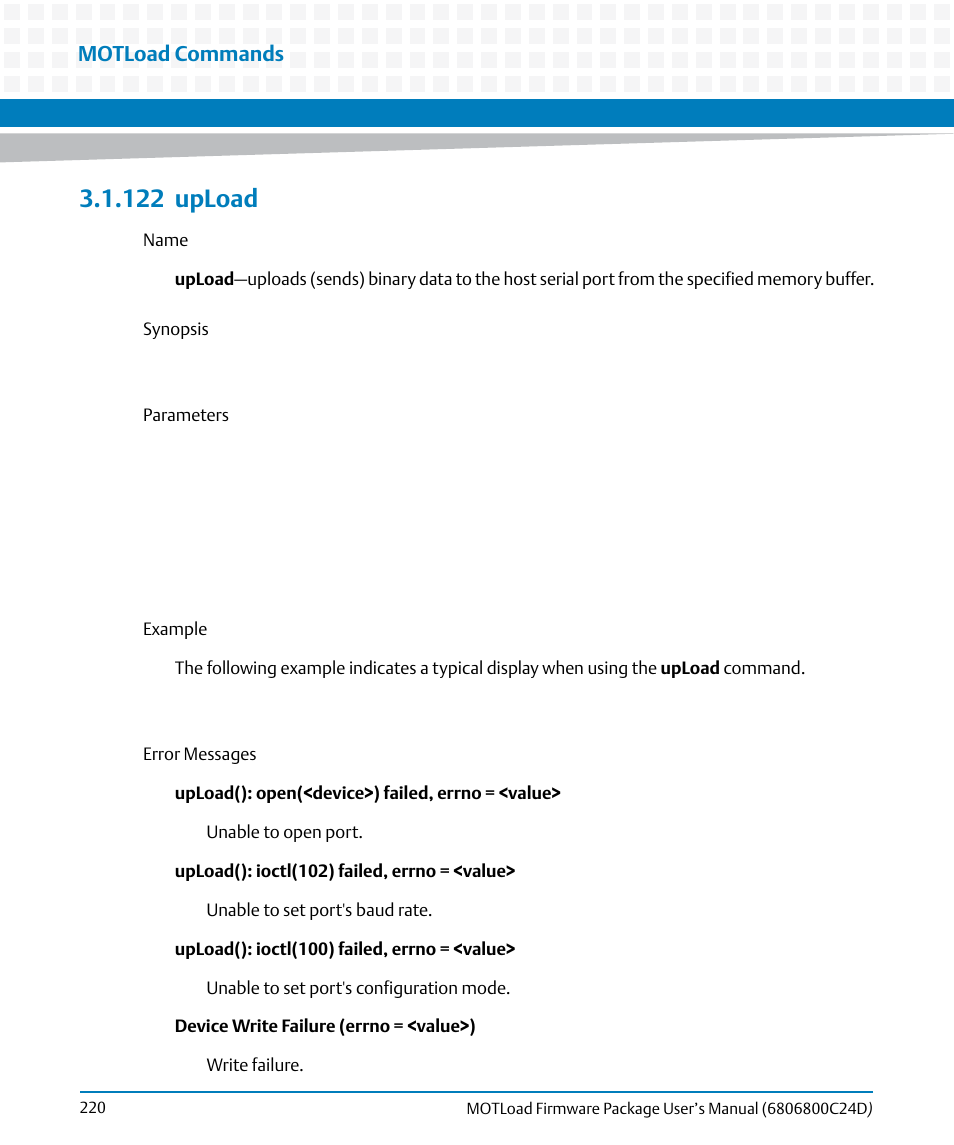 122 upload, 122upload, Upload | Motload commands | Artesyn MOTLoad Firmware Package User's Manual (February 2015) User Manual | Page 220 / 282