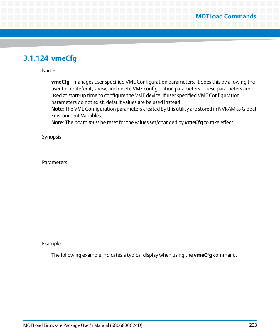 124 vmecfg, 124vmecfg, Vmecfg | Motload commands | Artesyn MOTLoad Firmware Package User's Manual (February 2015) User Manual | Page 223 / 282