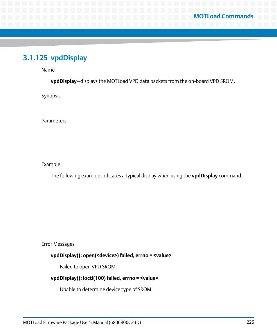 125 vpddisplay, 125vpddisplay, Vpddisplay | Motload commands | Artesyn MOTLoad Firmware Package User's Manual (February 2015) User Manual | Page 225 / 282