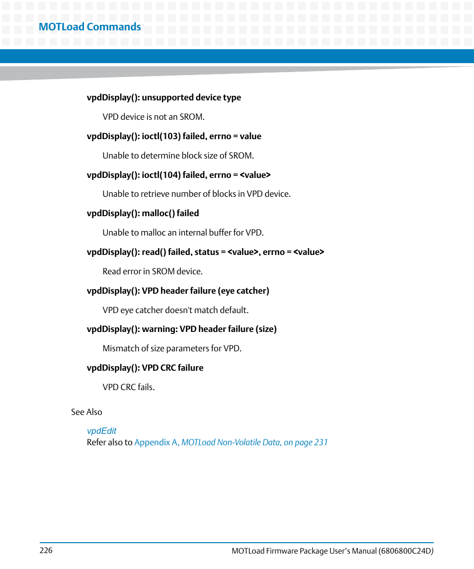 Motload commands | Artesyn MOTLoad Firmware Package User's Manual (February 2015) User Manual | Page 226 / 282