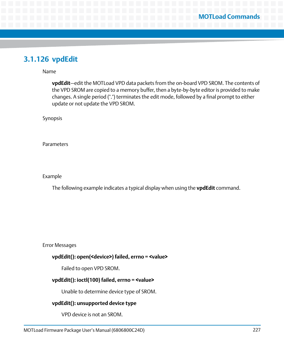 126 vpdedit, 126vpdedit, Vpdedit | Motload commands | Artesyn MOTLoad Firmware Package User's Manual (February 2015) User Manual | Page 227 / 282