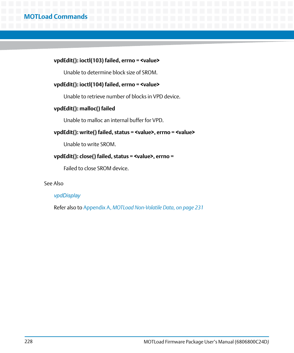 Motload commands | Artesyn MOTLoad Firmware Package User's Manual (February 2015) User Manual | Page 228 / 282