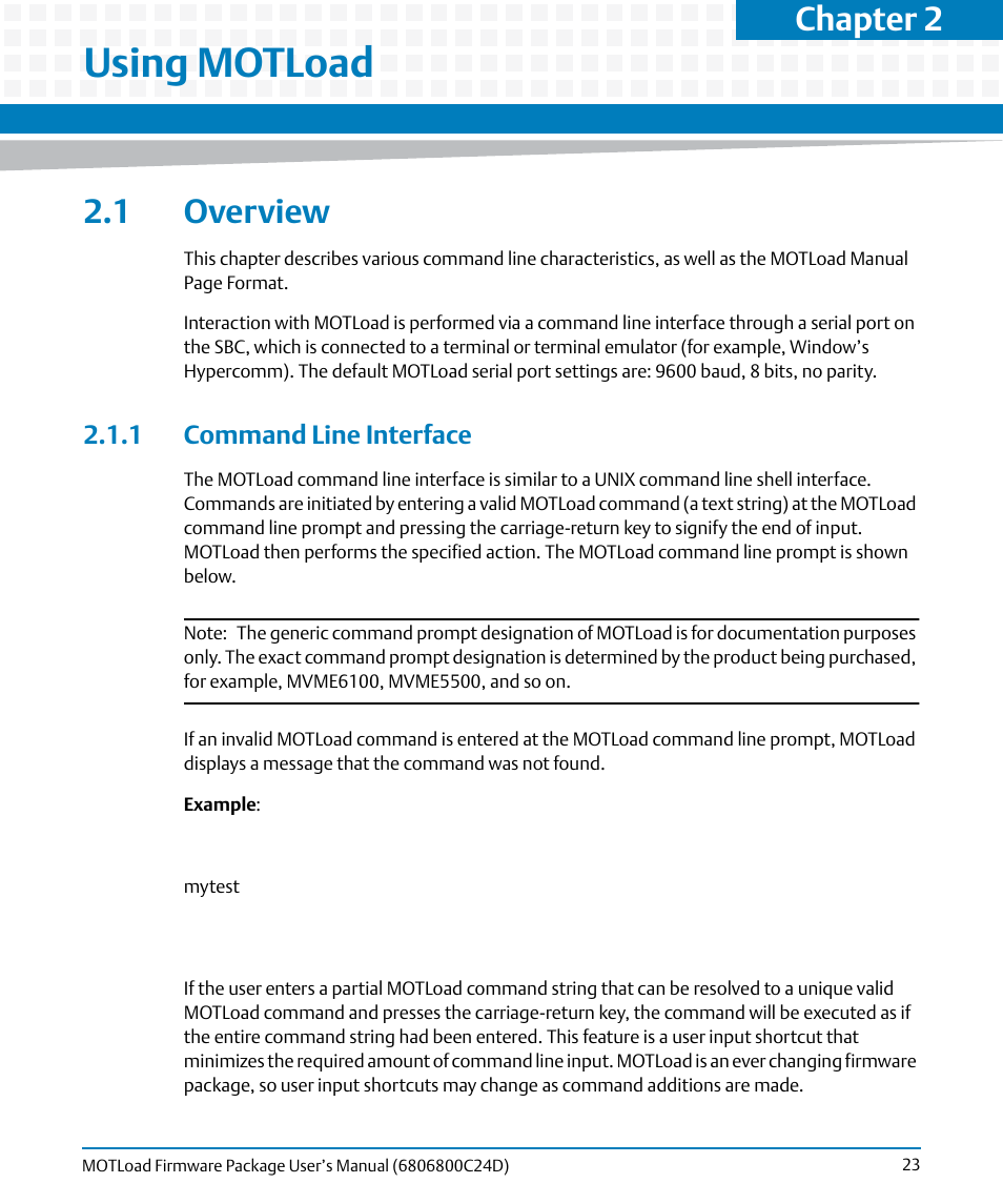 Using motload, 1 overview, 1 command line interface | Chapter 2, using motload, Chapter 2 | Artesyn MOTLoad Firmware Package User's Manual (February 2015) User Manual | Page 23 / 282